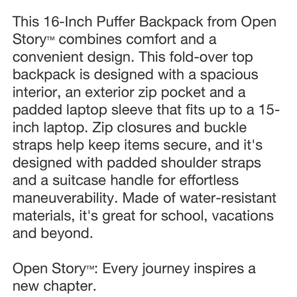 OPEN STORY NWT gold over puffer backpack -green -16” - Picture 7 of 9